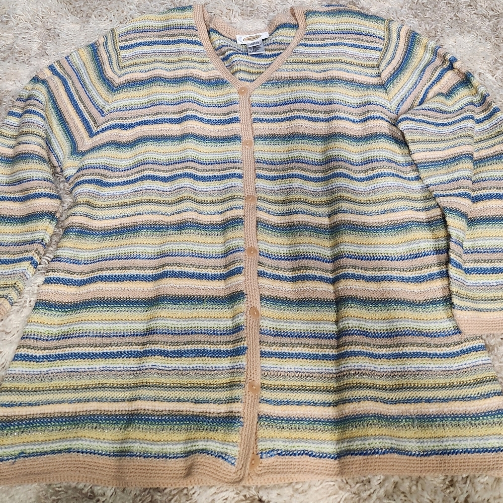Vintage Womens Talbot Tan Blue Green Multicolor Rainbow Cardigan XL EUC